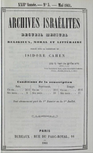 Archives israélites de France. Vol.22 N°05 (mai 1861)
